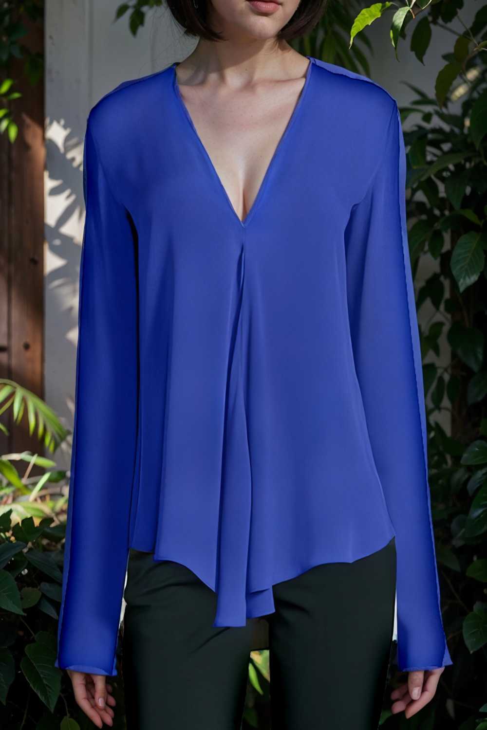 v neck long sleeved chiffon solid blouse drop shoulder closed shirt