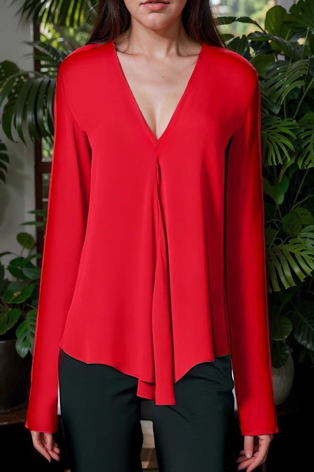 v neck long sleeved chiffon solid blouse drop shoulder closed shirt