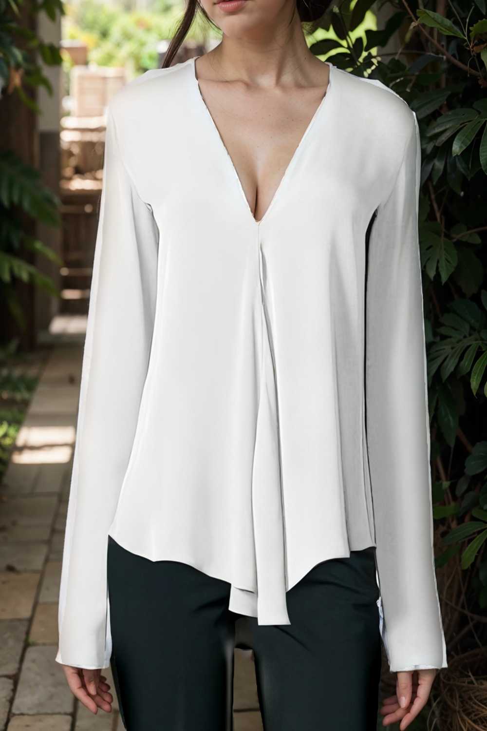 v neck long sleeved chiffon solid blouse drop shoulder closed shirt