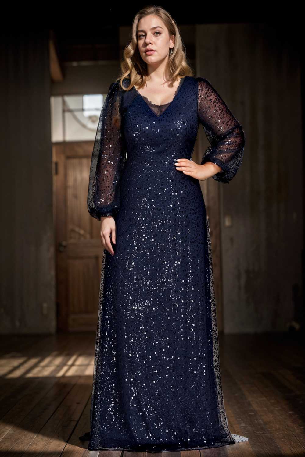 v neck sequin a line evening gown with lantern sleeves for curvy ladies