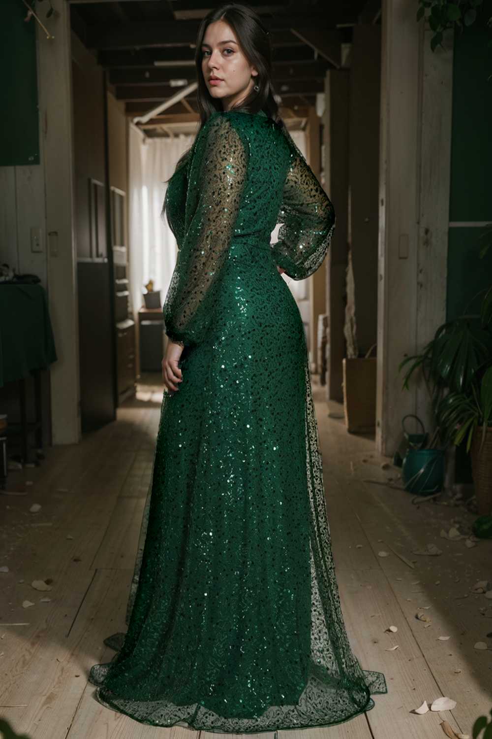 v neck sequin a line evening gown with lantern sleeves for curvy ladies
