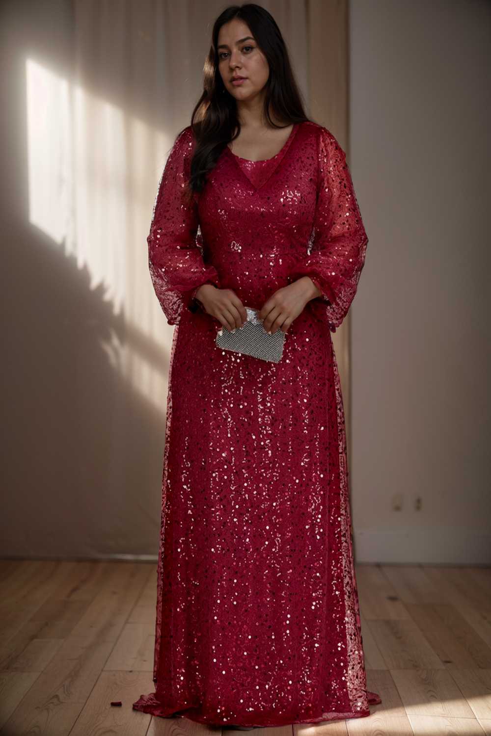 v neck sequin a line evening gown with lantern sleeves for curvy ladies