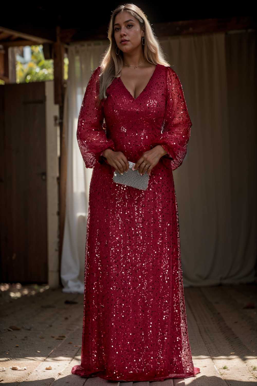 v neck sequin a line evening gown with lantern sleeves for curvy ladies