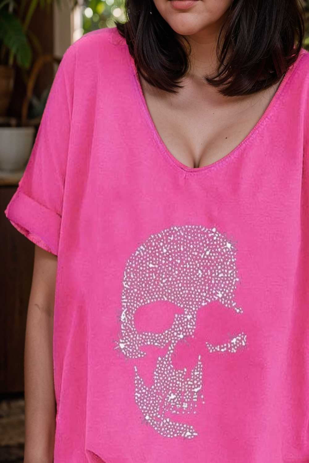 v neck skull print loose short sleeve t shirt