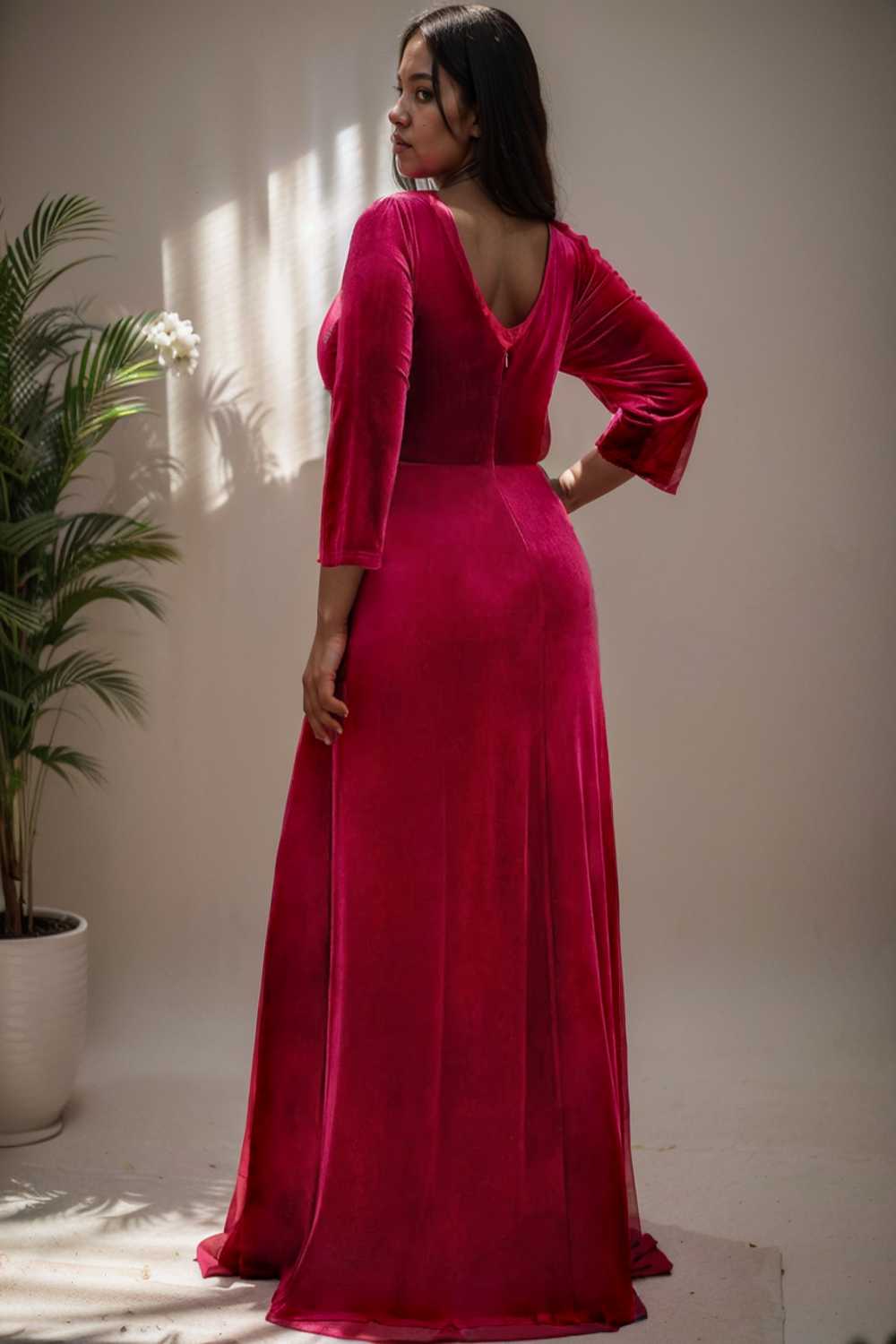 velvet 3 4 length sleeve illusion v neck front slit evening dress