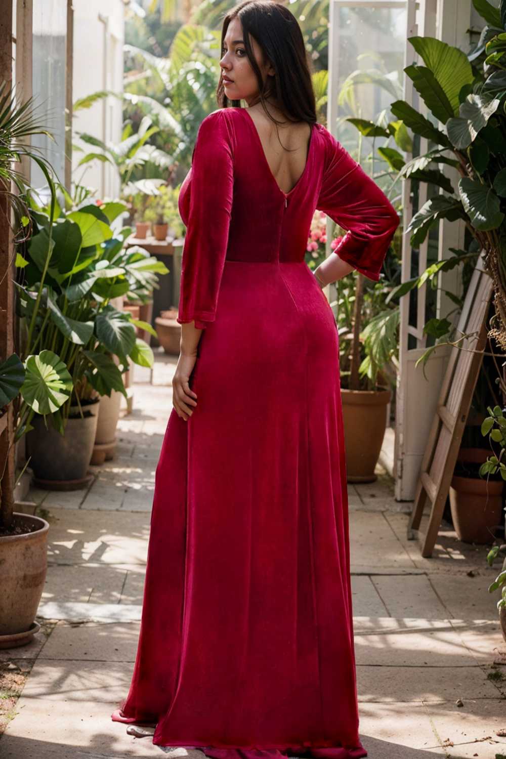 velvet 3 4 length sleeve illusion v neck front slit evening dress