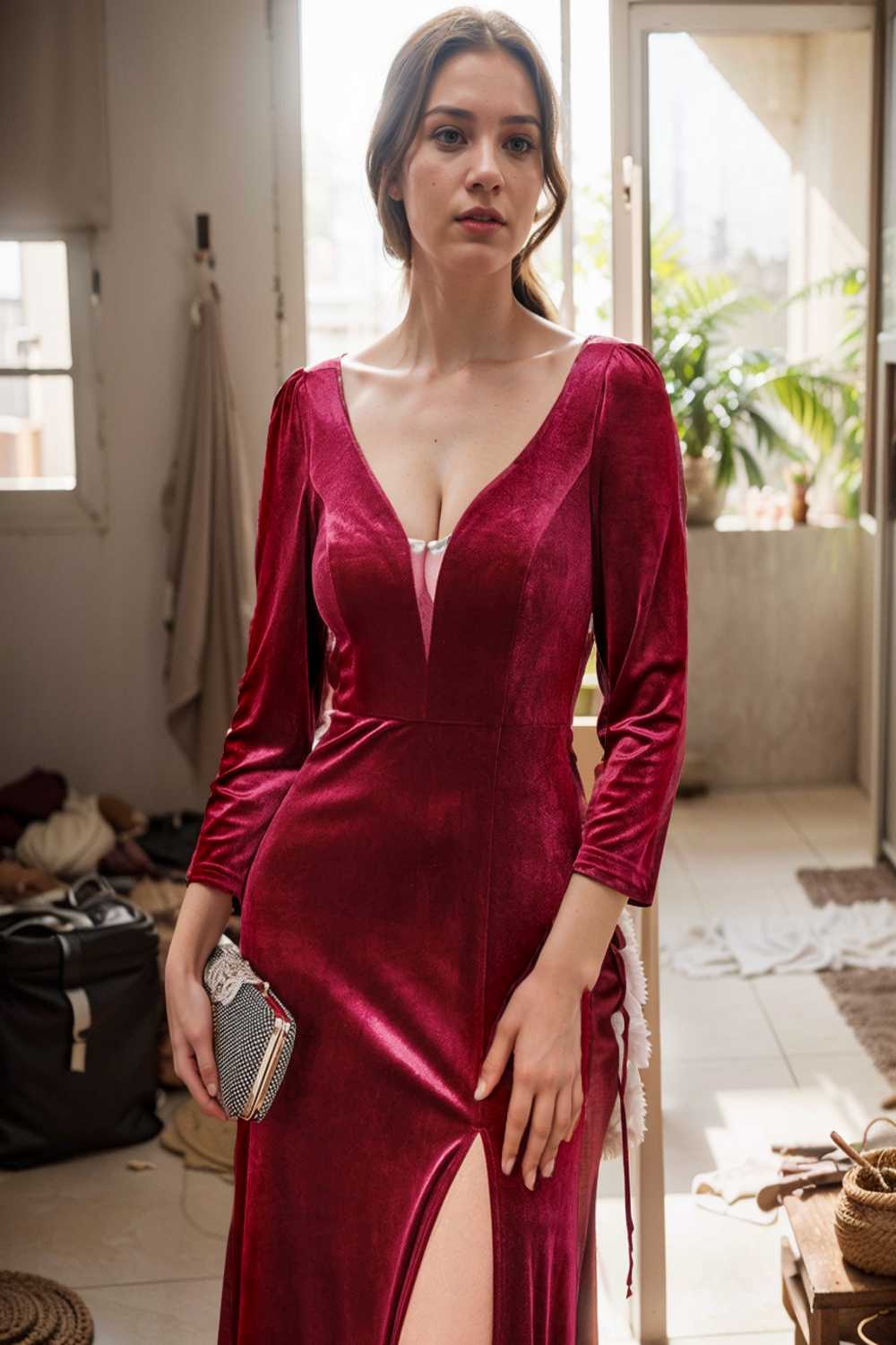 velvet 3 4 length sleeve illusion v neck front slit evening dress
