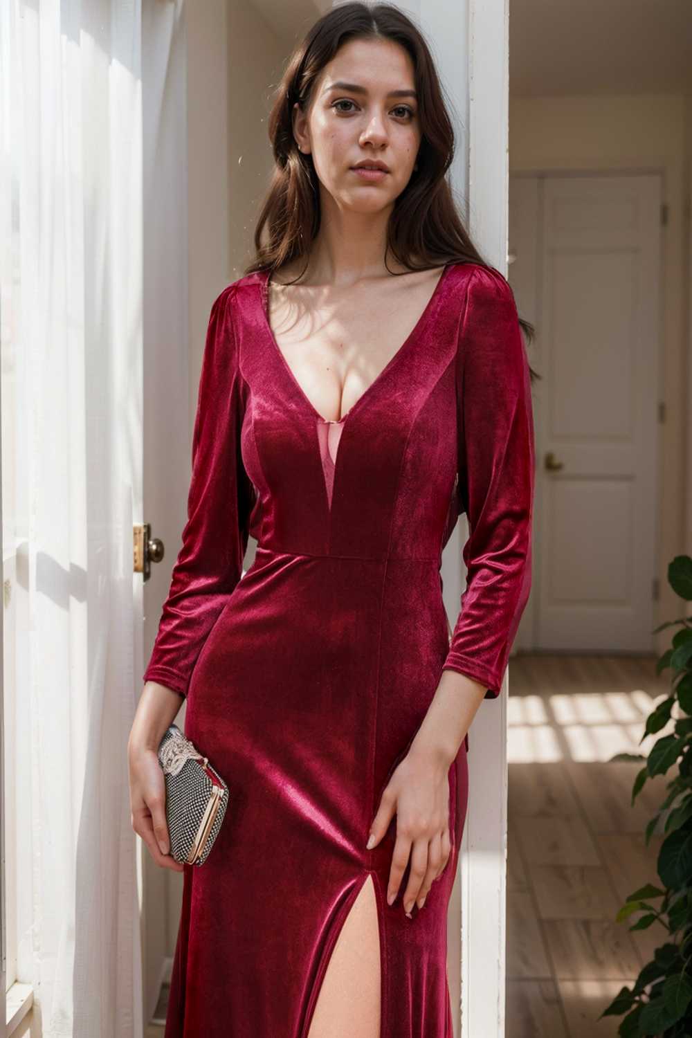 velvet 3 4 length sleeve illusion v neck front slit evening dress