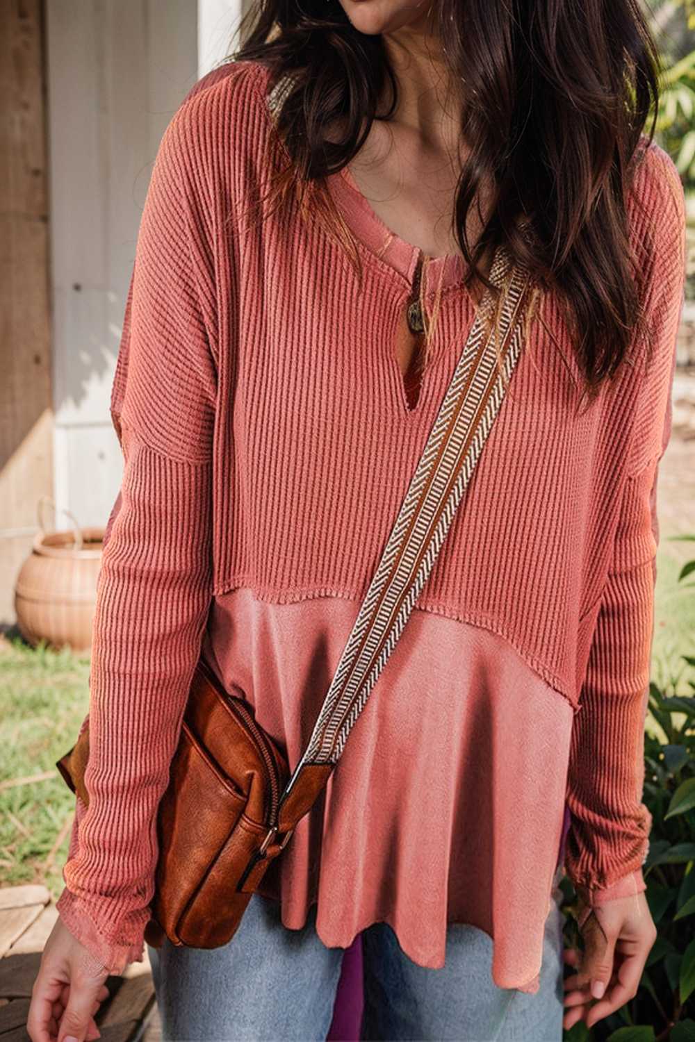 versatile waffle texture v neck pullover sweatshirt for women