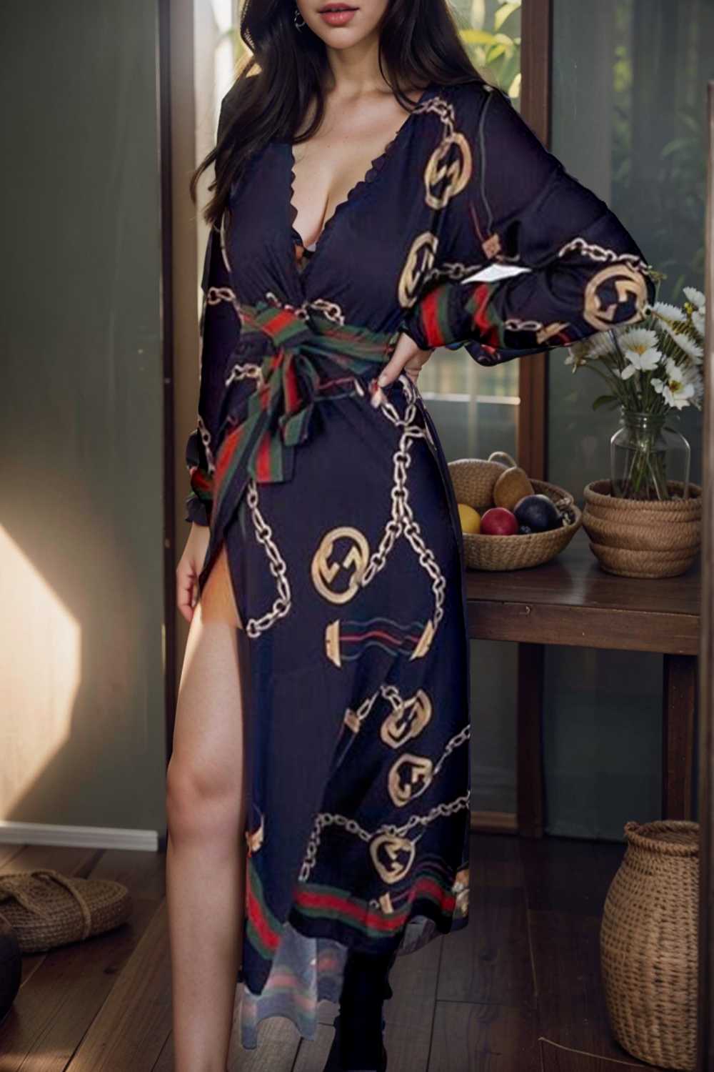 women s dresses deep v neck printed lace long sleeve dress