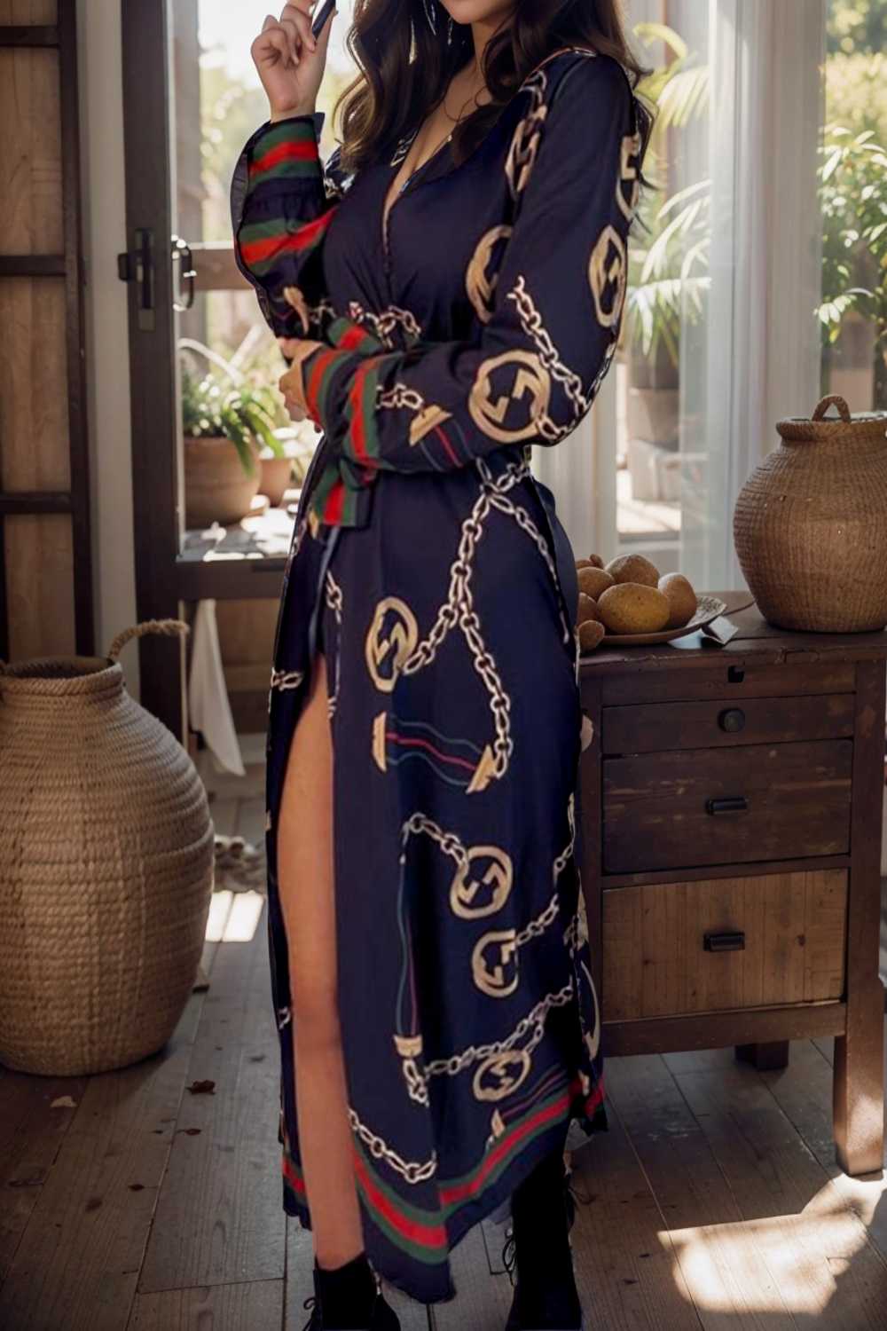 women s dresses deep v neck printed lace long sleeve dress