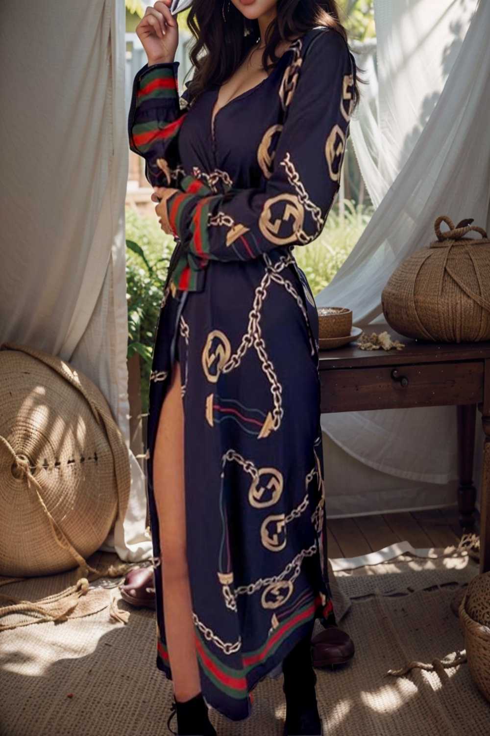 women s dresses deep v neck printed lace long sleeve dress