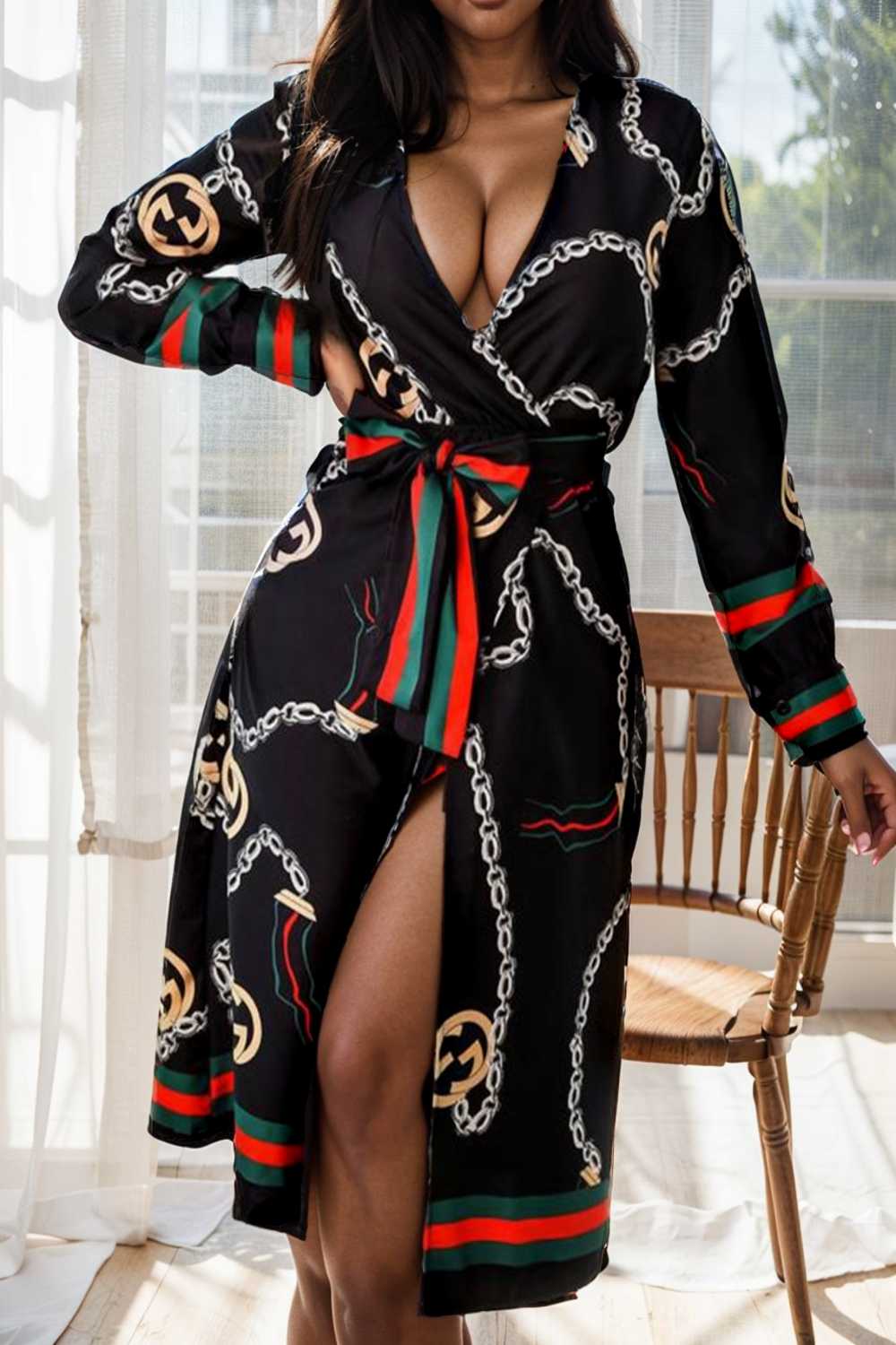women s dresses deep v neck printed lace long sleeve dress