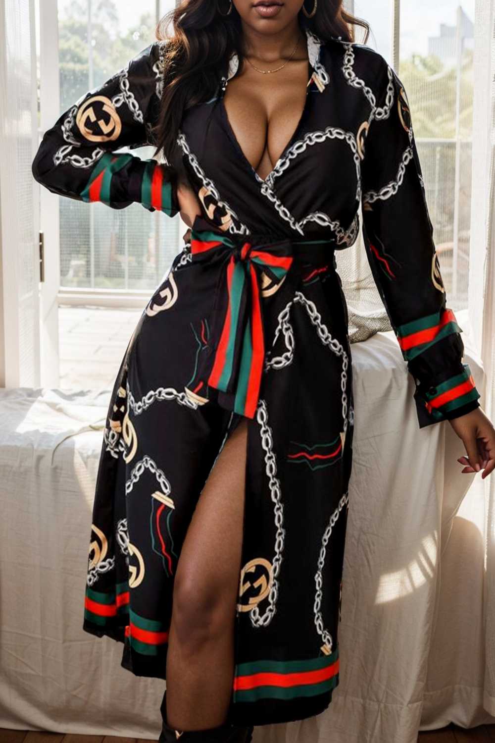 women s dresses deep v neck printed lace long sleeve dress