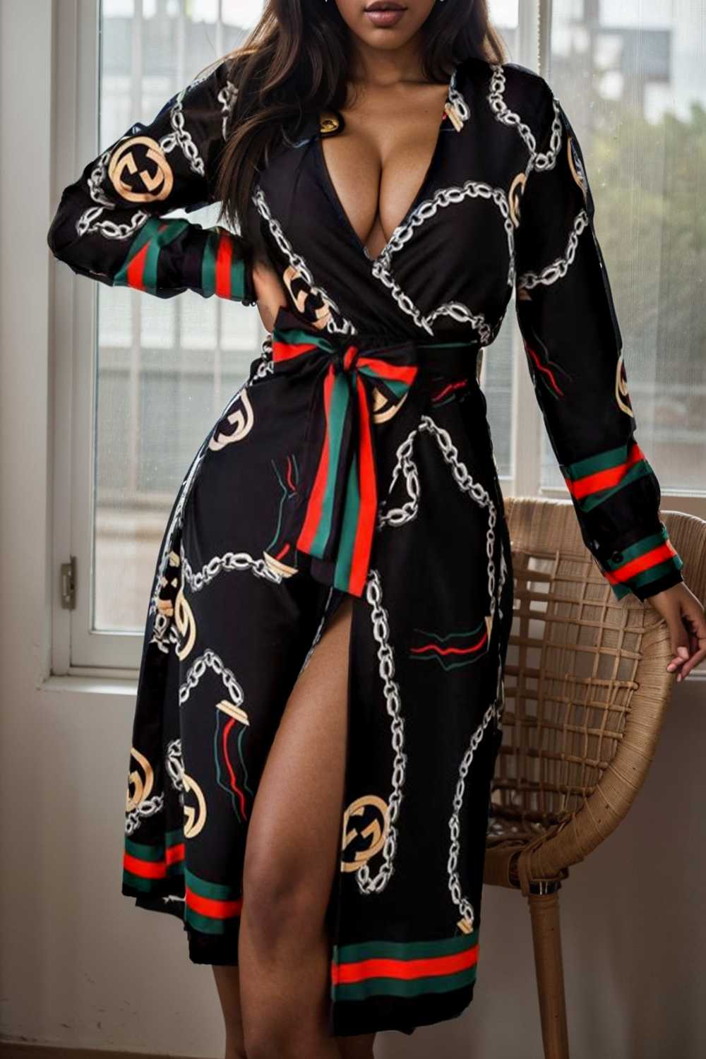 women s dresses deep v neck printed lace long sleeve dress