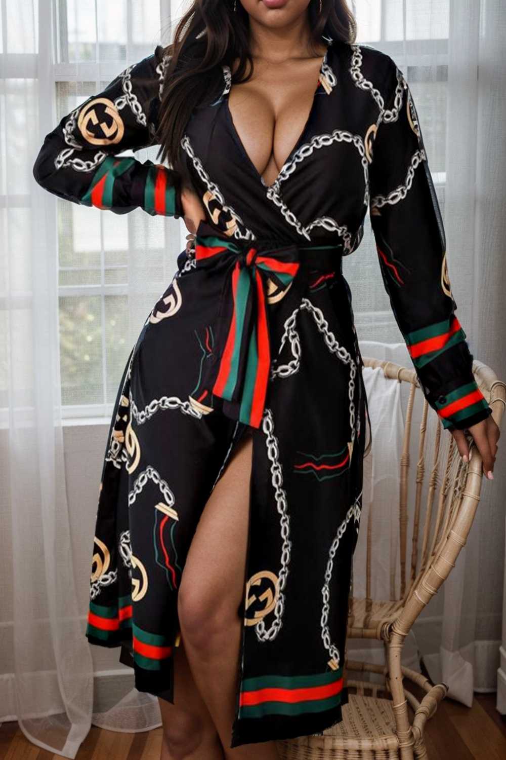 women s dresses deep v neck printed lace long sleeve dress