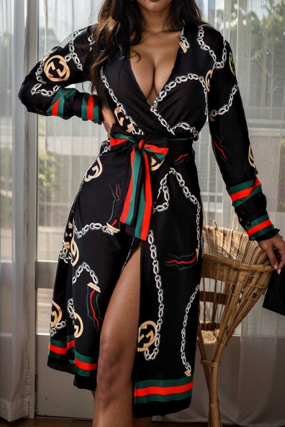 women s dresses deep v neck printed lace long sleeve dress