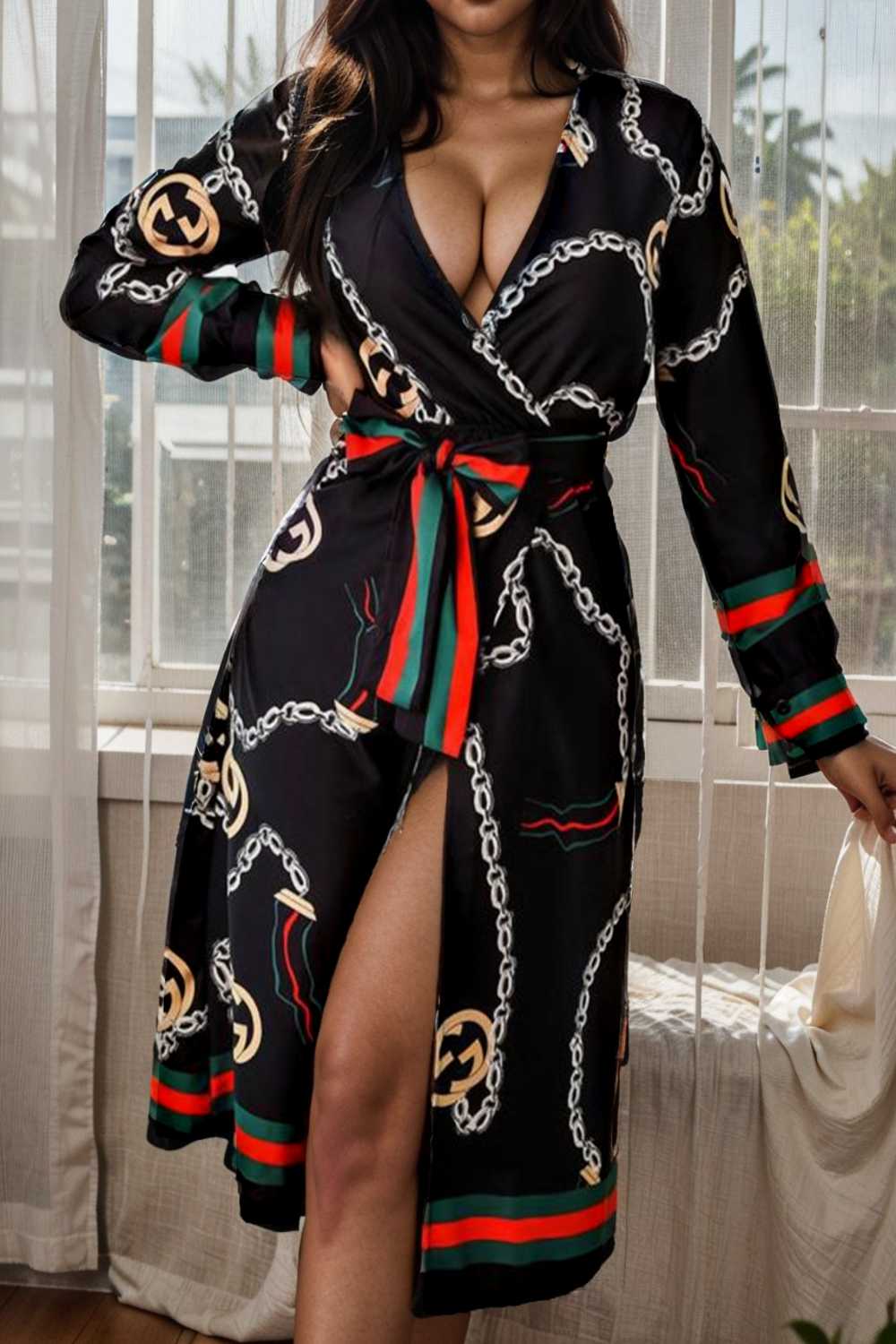 women s dresses deep v neck printed lace long sleeve dress