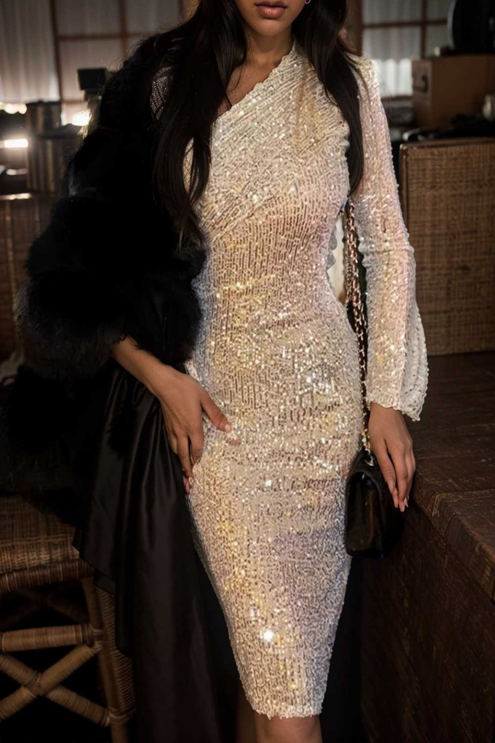 women s dresses fashion sequined one shoulder wrap up evening dress